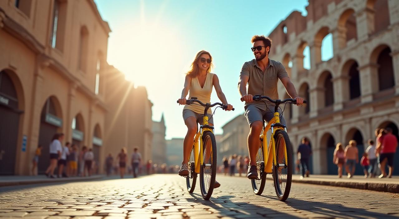 Coppia in bicicletta davanti al Colosseo a Roma